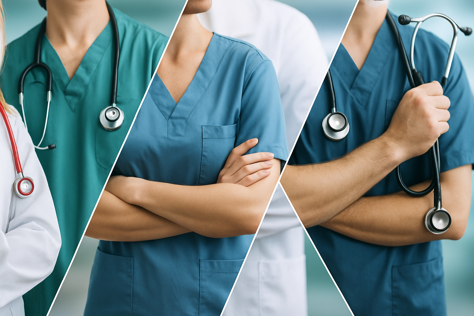 Healthcare professionals in medical scrubs representing specialist physicians
